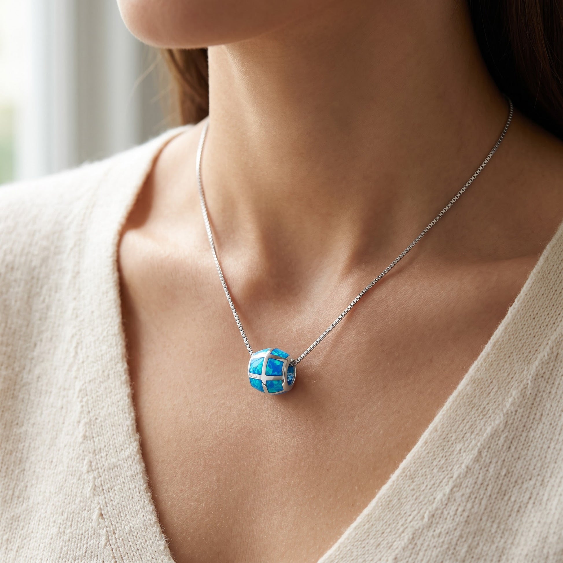Sterling Silver Created Blue Opal Slider Necklace, 18" worn, lifestyle photo