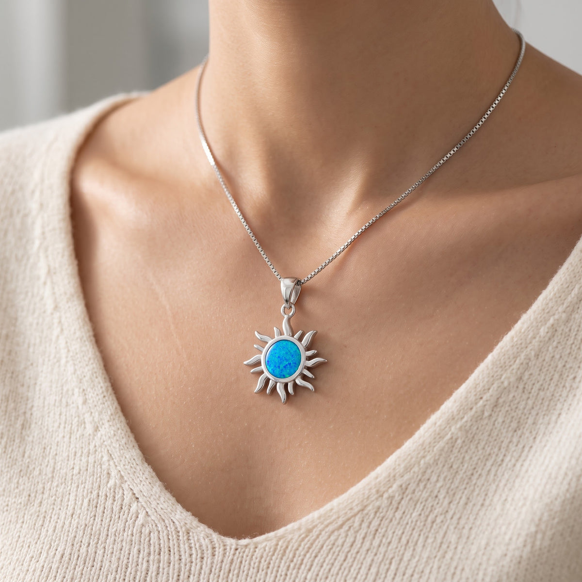 Sterling Silver Created Blue Opal Sunshine Necklace, 18" worn, lifestyle photo