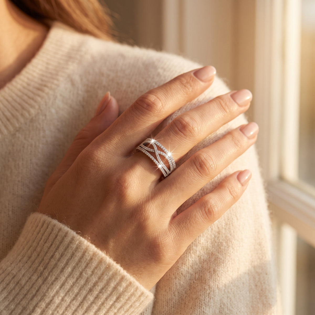 Sterling Silver CZ Artsy Infinity Statement Ring worn, lifestyle photo