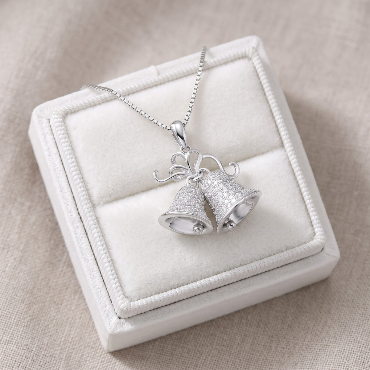 Sterling Silver CZ Christmas Bells Necklace 18" in a white gift box, ready to give