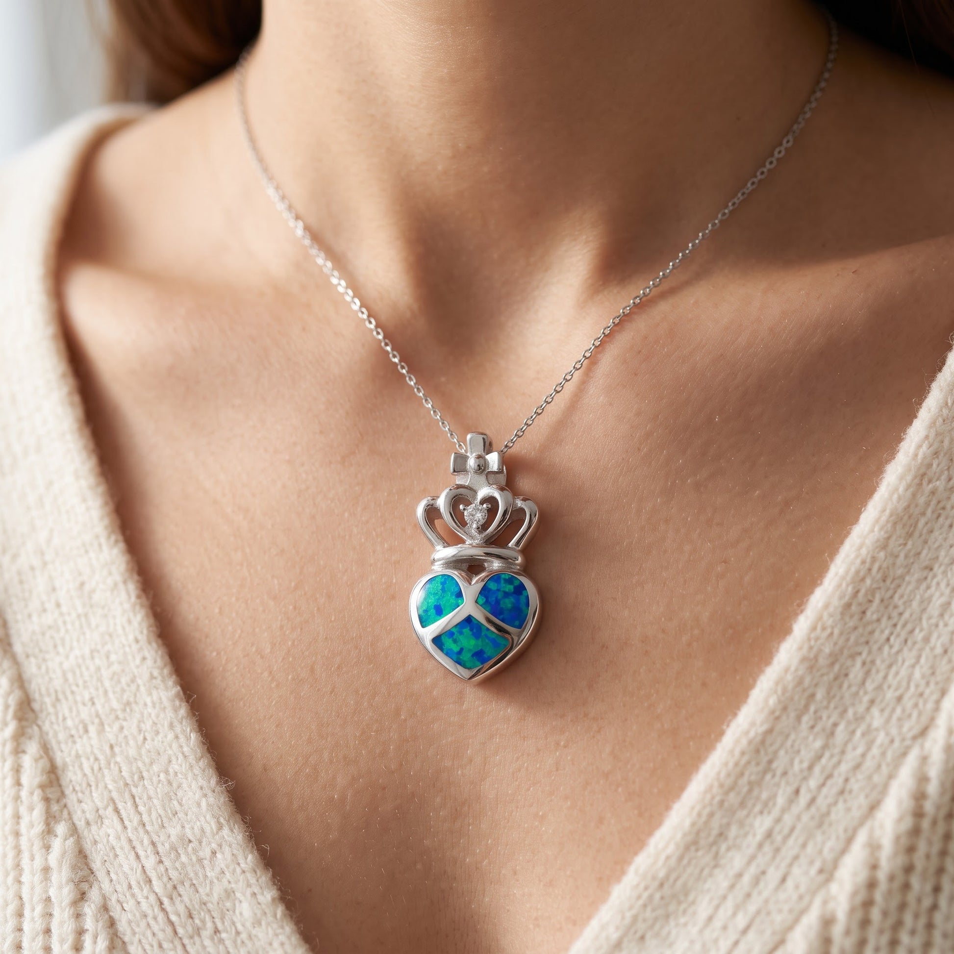 Sterling Silver CZ Created Blue Opal Crowned Heart necklace 18" worn, lifestyle photo