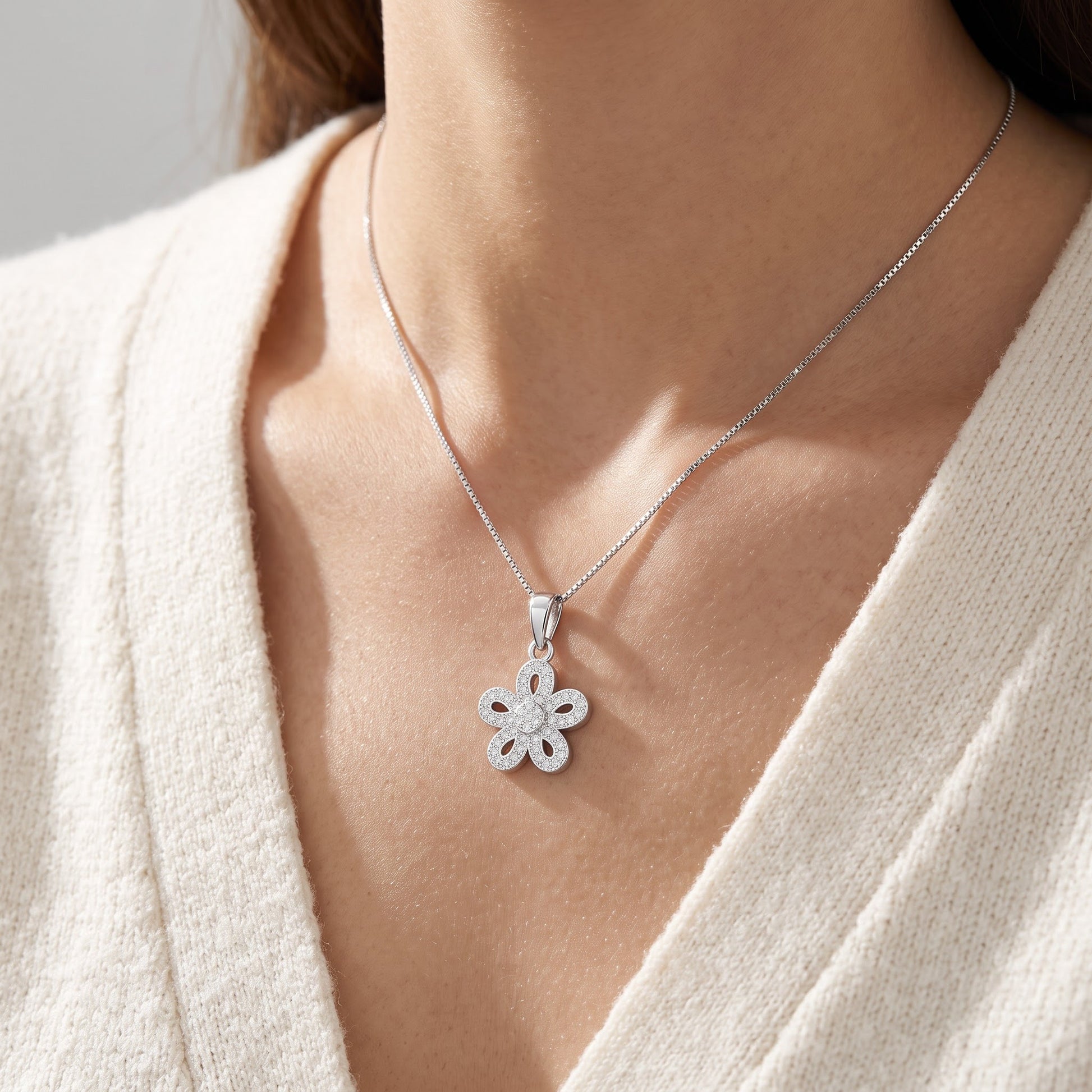 Sterling Silver CZ Daisy Flower Charm Necklace, 18" worn, lifestyle photo