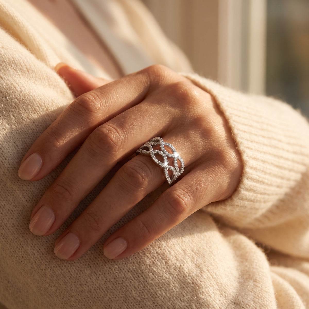 Sterling Silver CZ Double Twisted Braid Ring worn, lifestyle photo