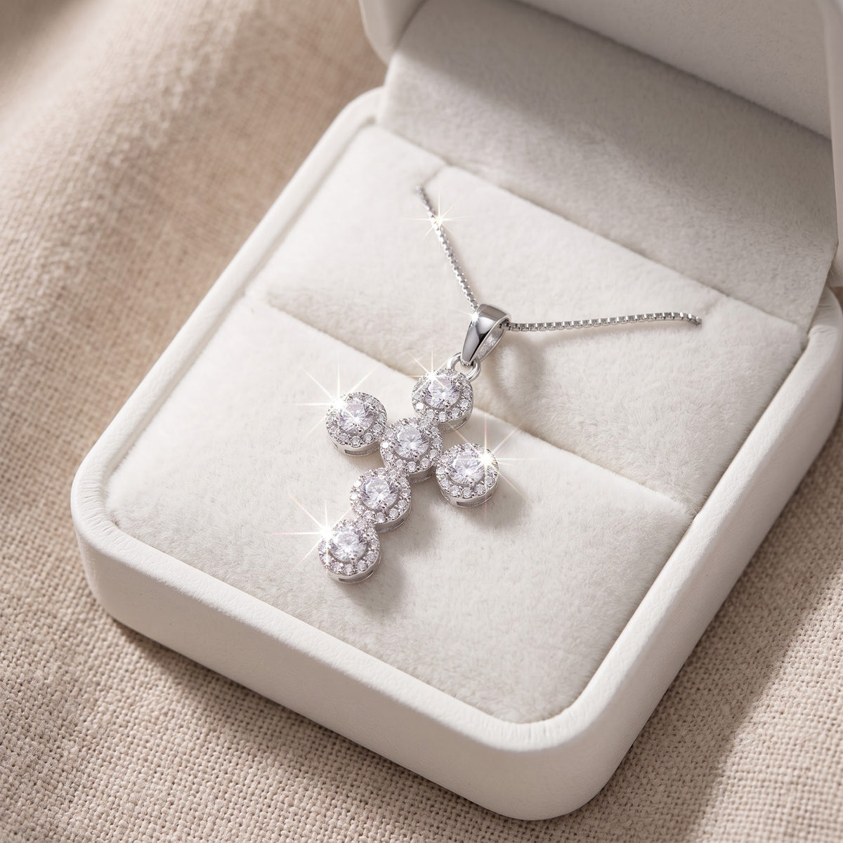 Sterling Silver CZ Fancy Cross Necklace, 18" in a white gift box, ready to give