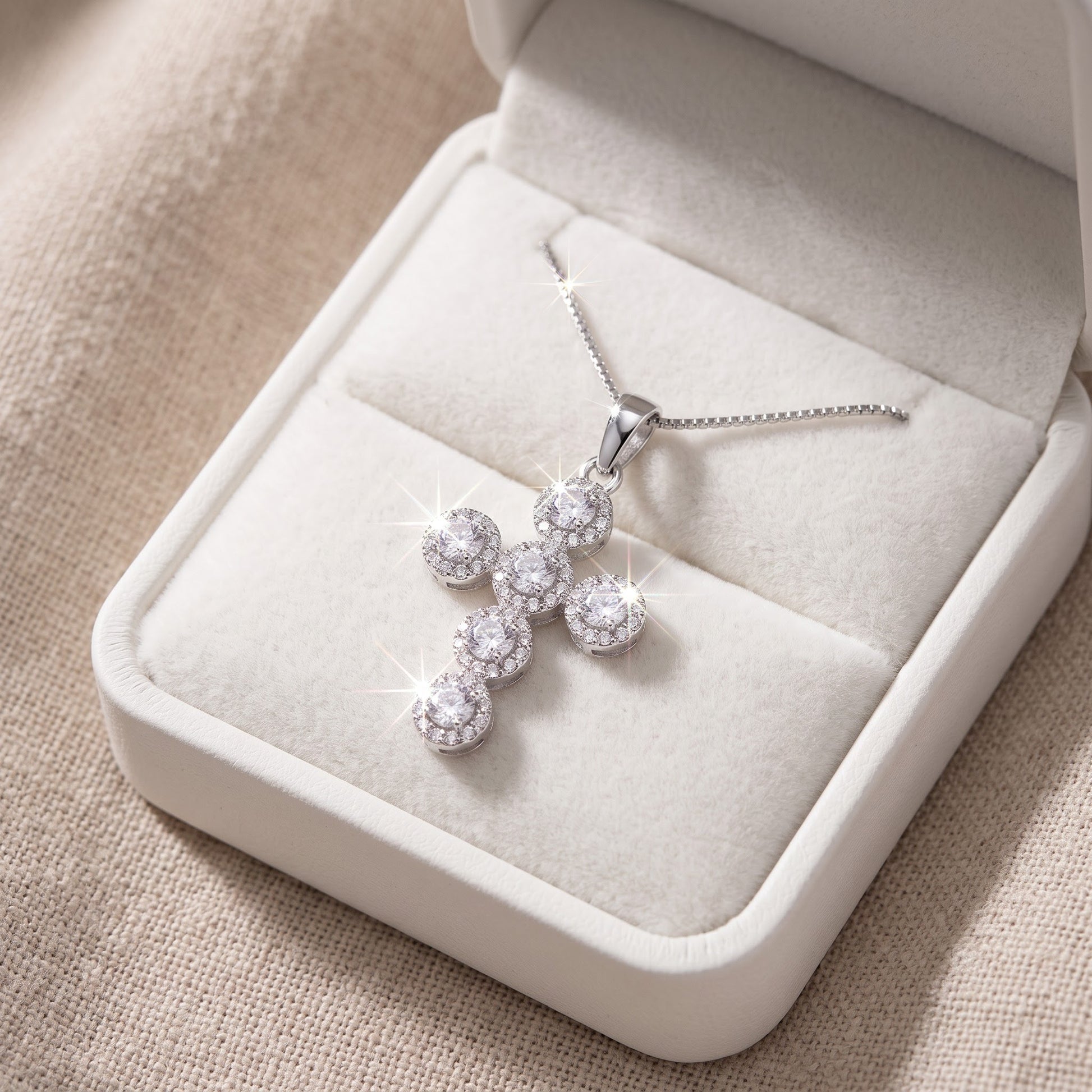 Sterling Silver CZ Fancy Cross Necklace, 18" in a white gift box, ready to give