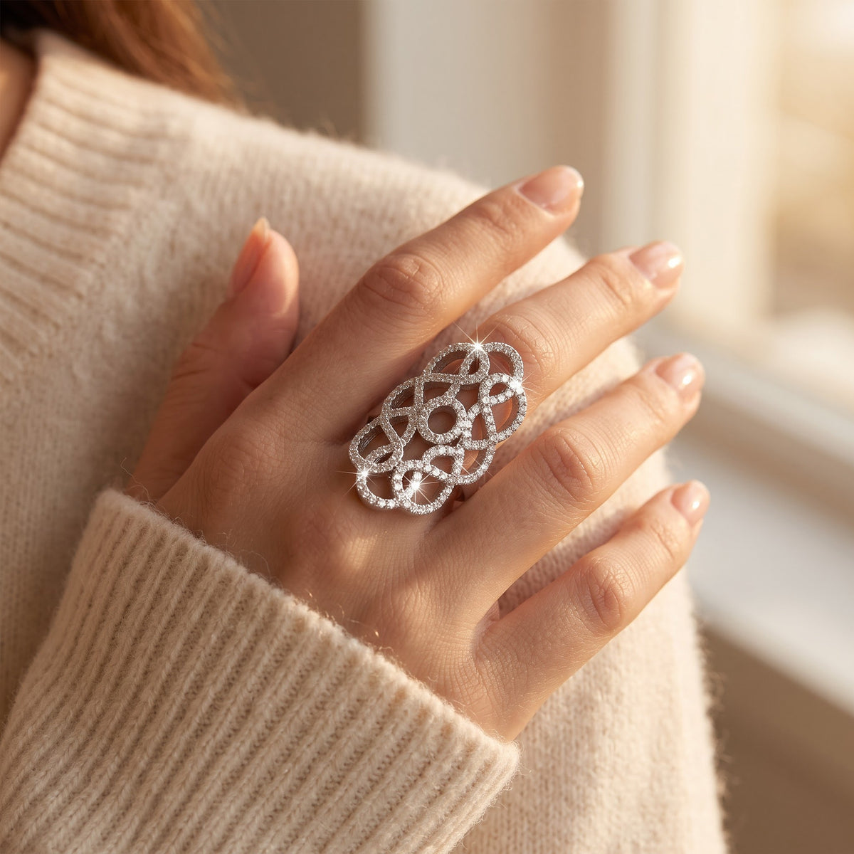 Sterling Silver CZ Filigree Armour Statement Ring worn, lifestyle photo