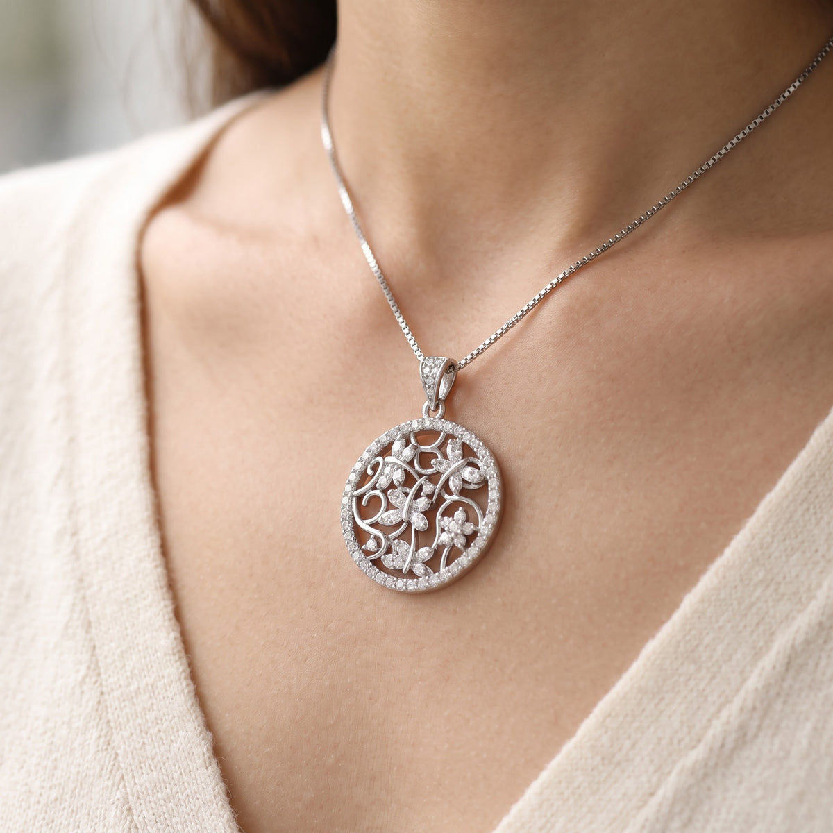 Sterling Silver CZ Filigree Dragonfly Circle Necklace, 18 Inch worn, lifestyle photo
