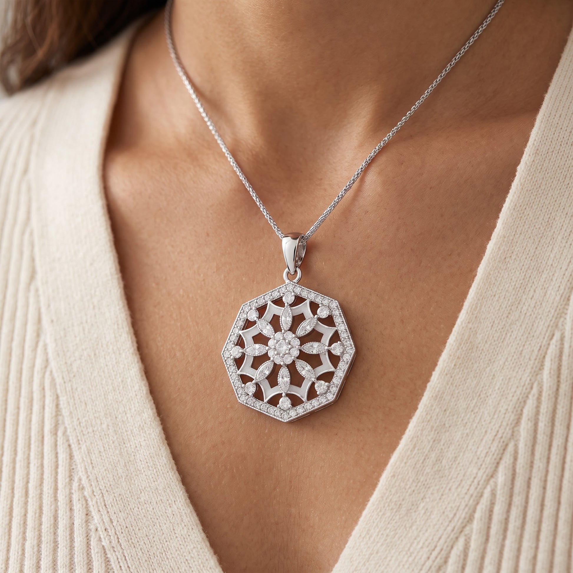 Sterling Silver CZ Octagon Medallion Flower Necklace, 18" worn, lifestyle photo