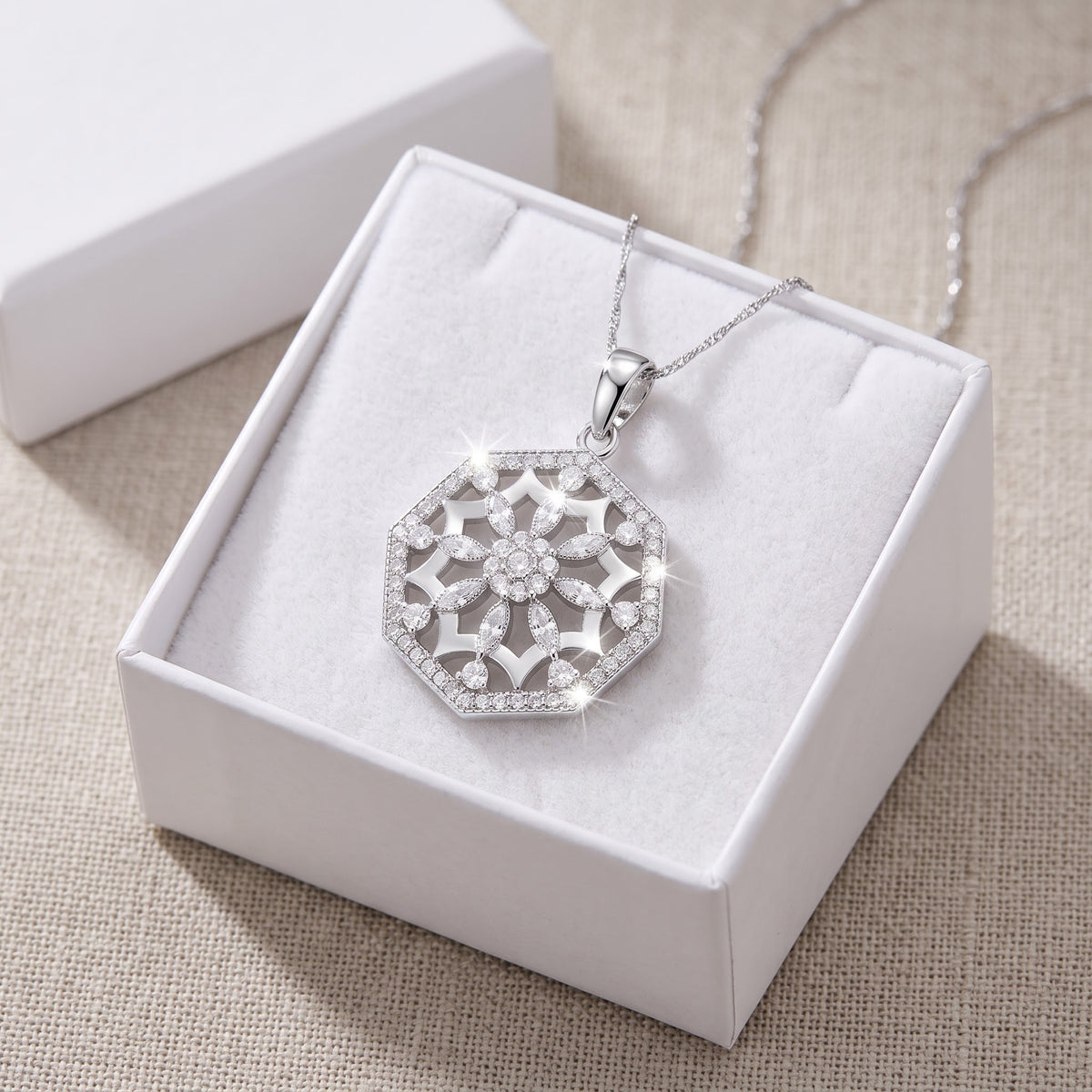 Sterling Silver CZ Octagon Medallion Flower Necklace, 18" in a white gift box, ready to give