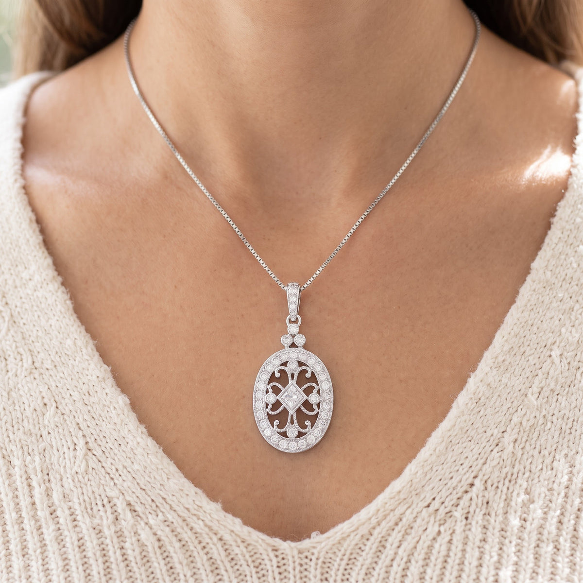 Sterling Silver CZ Filigree Victorian Oval Charm Necklace, 18" worn, lifestyle photo