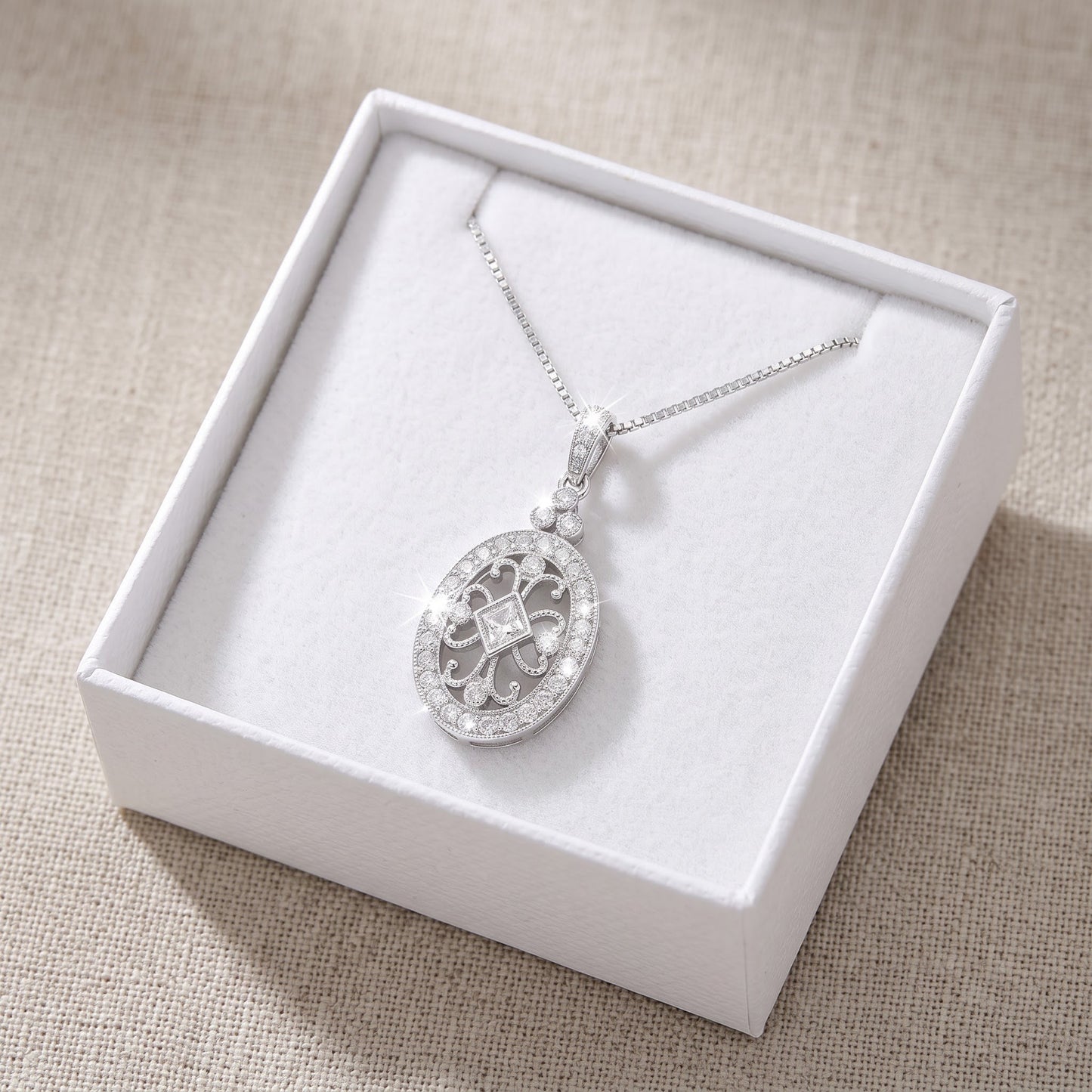 Sterling Silver CZ Filigree Victorian Oval Charm Necklace, 18" in a white gift box, ready to give