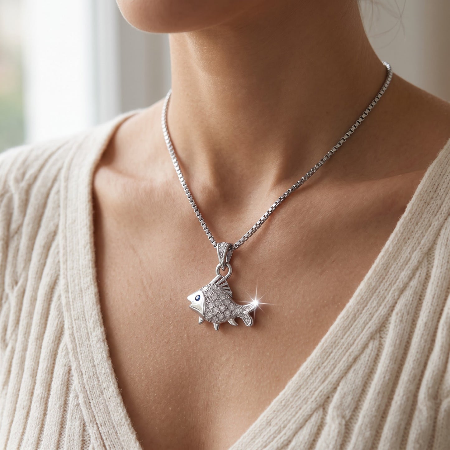 Sterling Silver CZ Fish Necklace worn, lifestyle photo