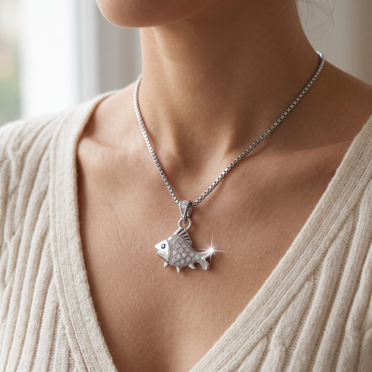 Sterling Silver CZ Fish Necklace worn, lifestyle photo