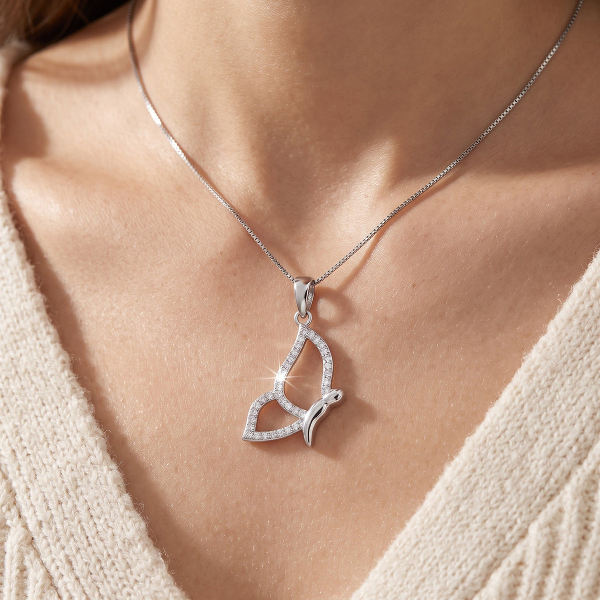 Sterling Silver CZ Flying Butterfly Necklace, 18" worn, lifestyle photo