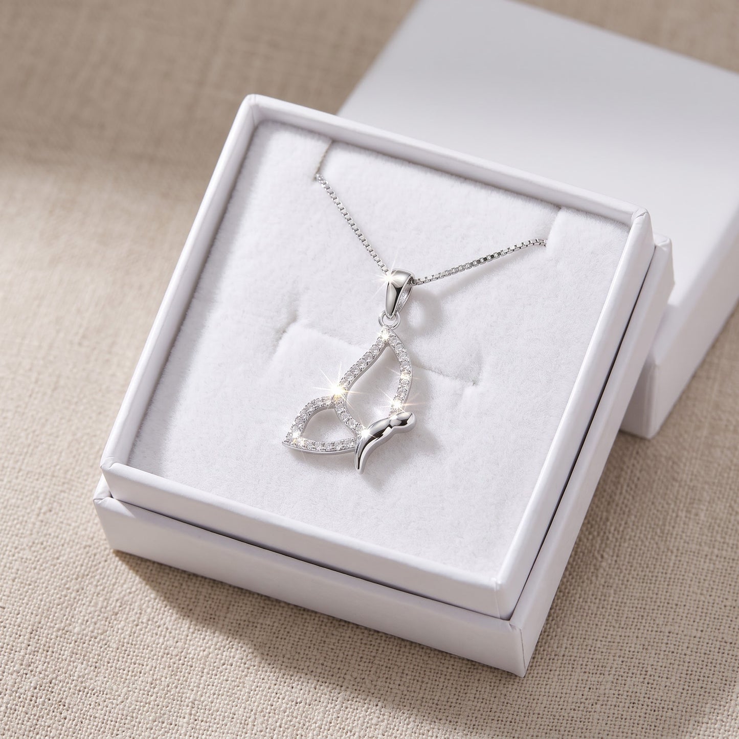 Sterling Silver CZ Flying Butterfly Necklace, 18" in a white gift box, ready to give