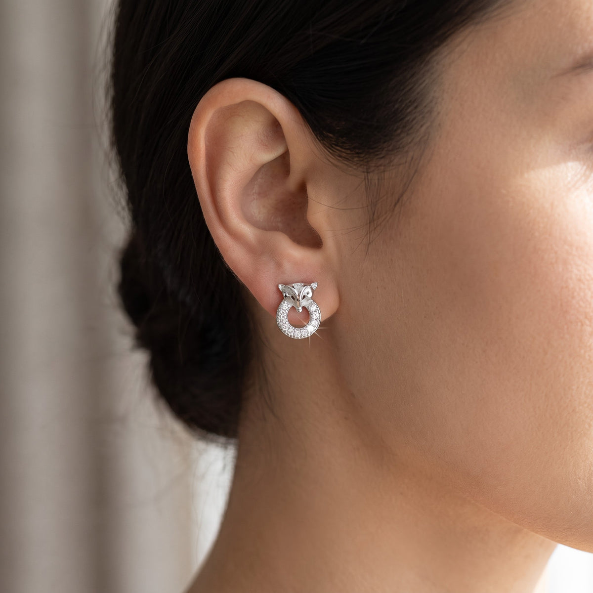 Sterling Silver CZ Fox Stud Earrings, 9mm worn, lifestyle photo