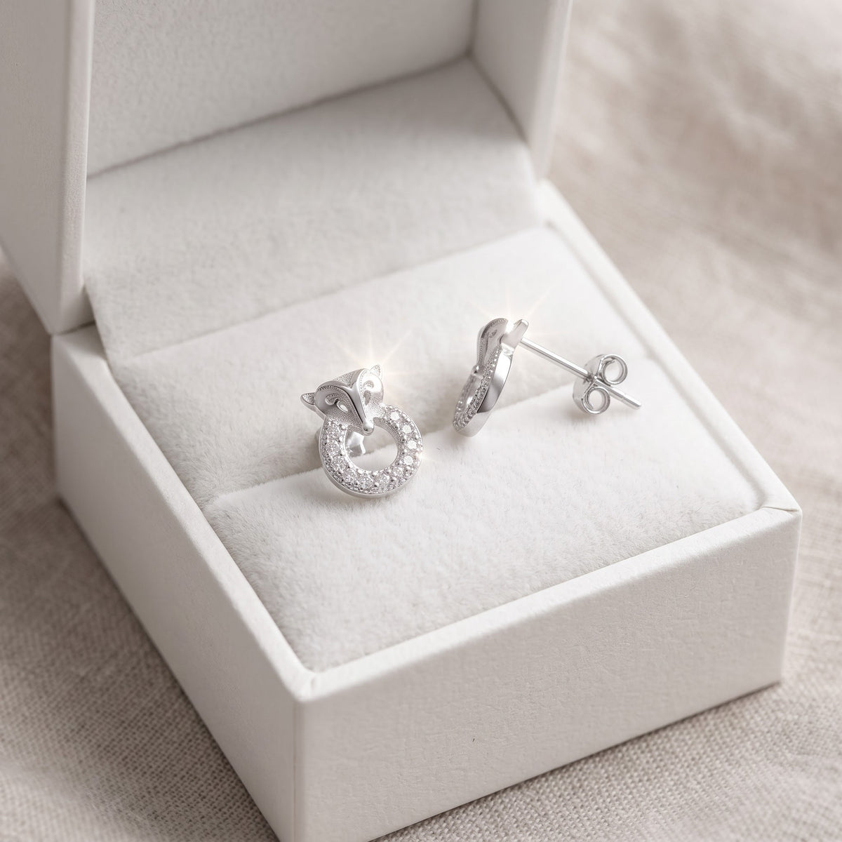 Sterling Silver CZ Fox Stud Earrings, 9mm in a white gift box, ready to give
