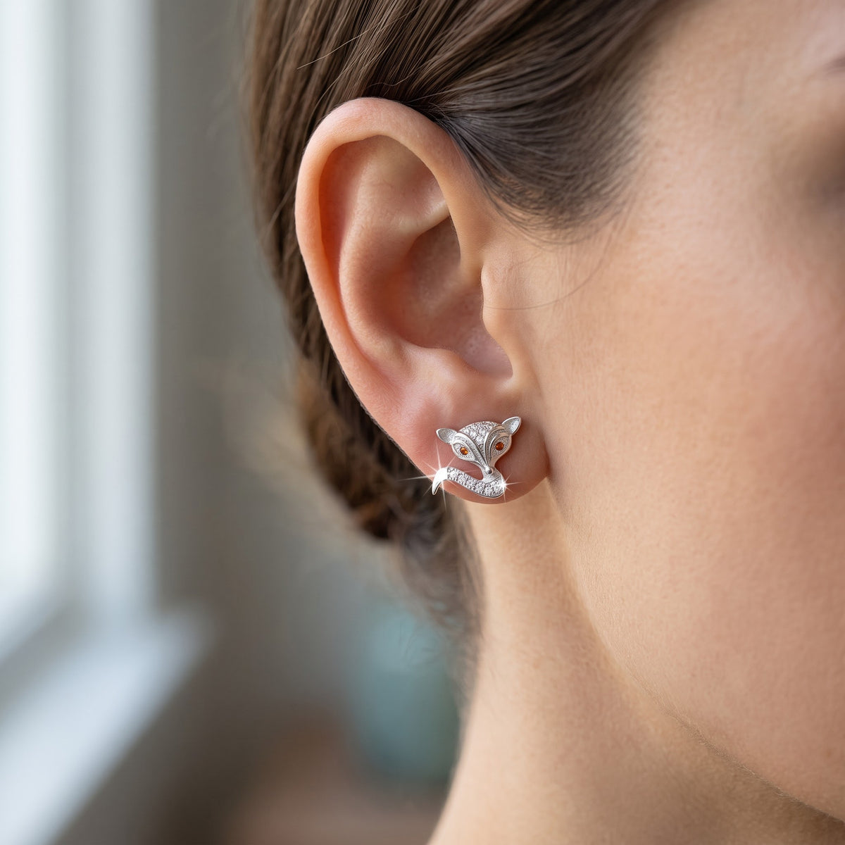Sterling Silver CZ Fox Stud Earrings worn, lifestyle photo