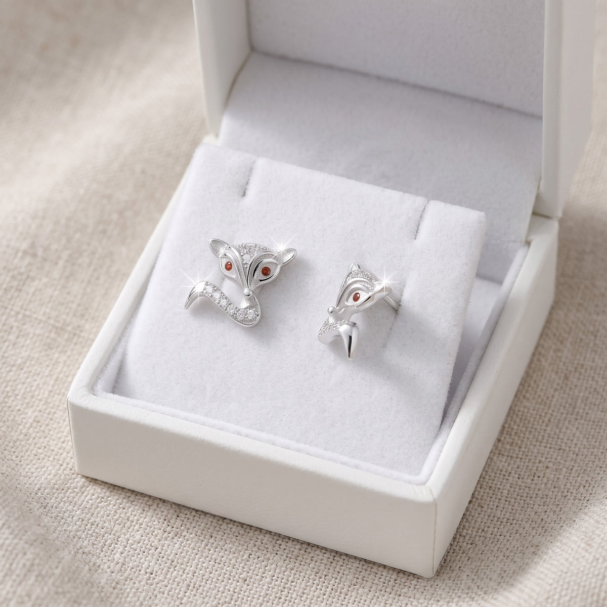 Sterling Silver CZ Fox Stud Earrings in a white gift box, ready to give