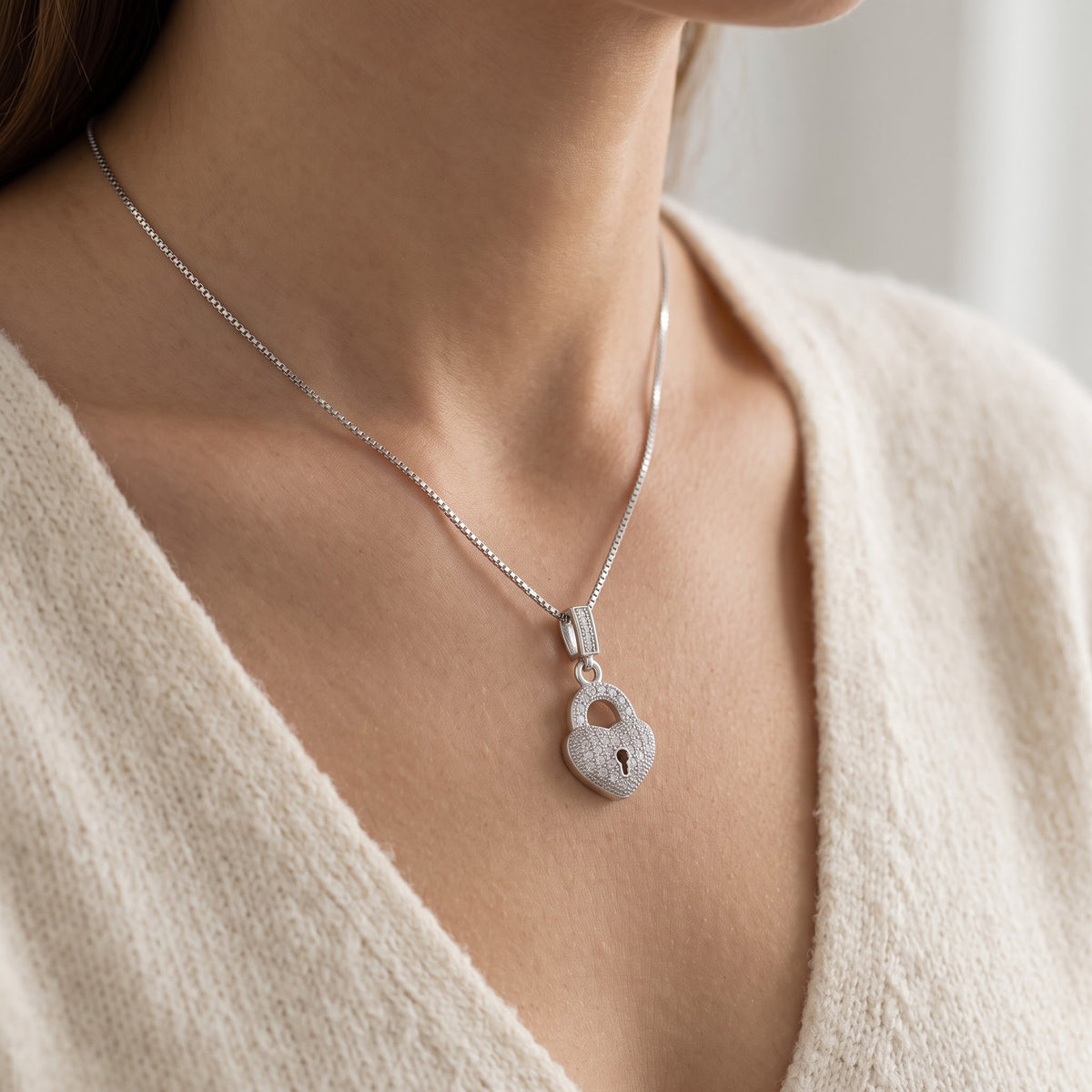 Sterling Silver CZ Heart Lock Necklace, 18" worn, lifestyle photo