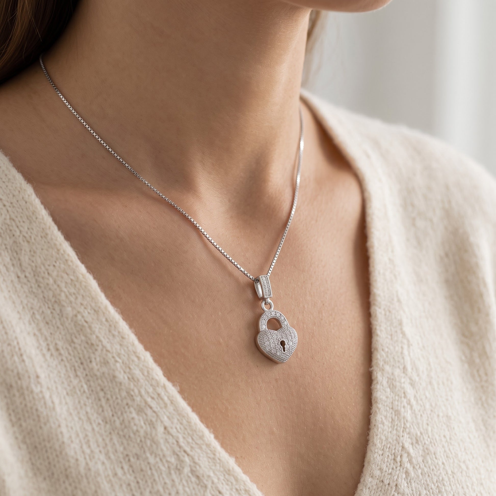 Sterling Silver CZ Heart Lock Necklace, 18" worn, lifestyle photo