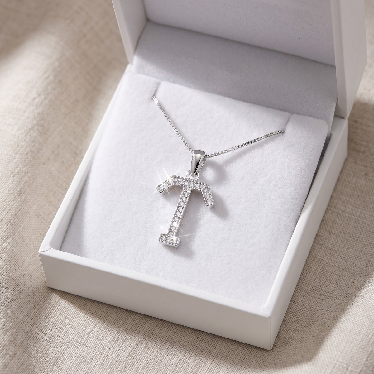 Sterling Silver CZ Initial T Necklace, 18" in a white gift box, ready to give