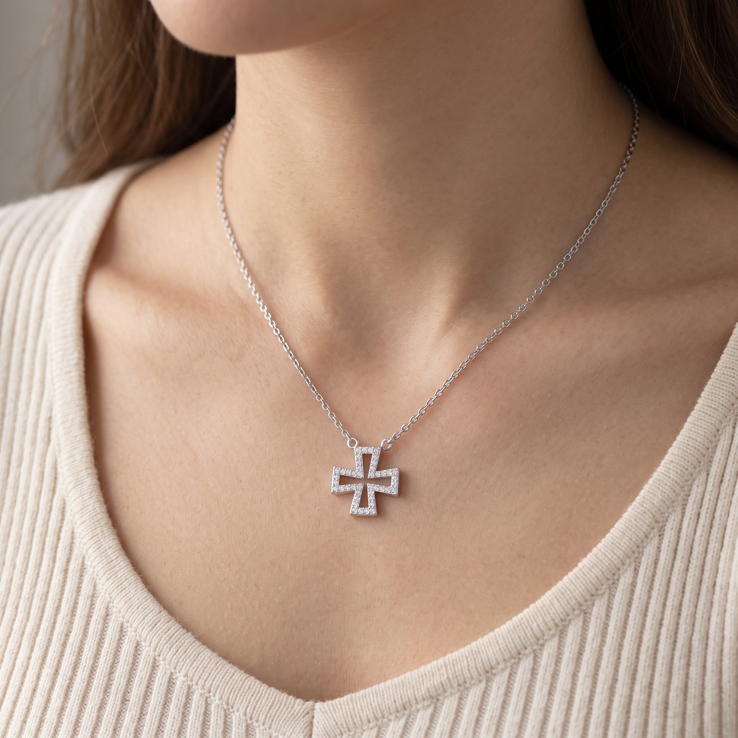 Sterling Silver CZ Iron Cross Necklace 18" worn, lifestyle photo