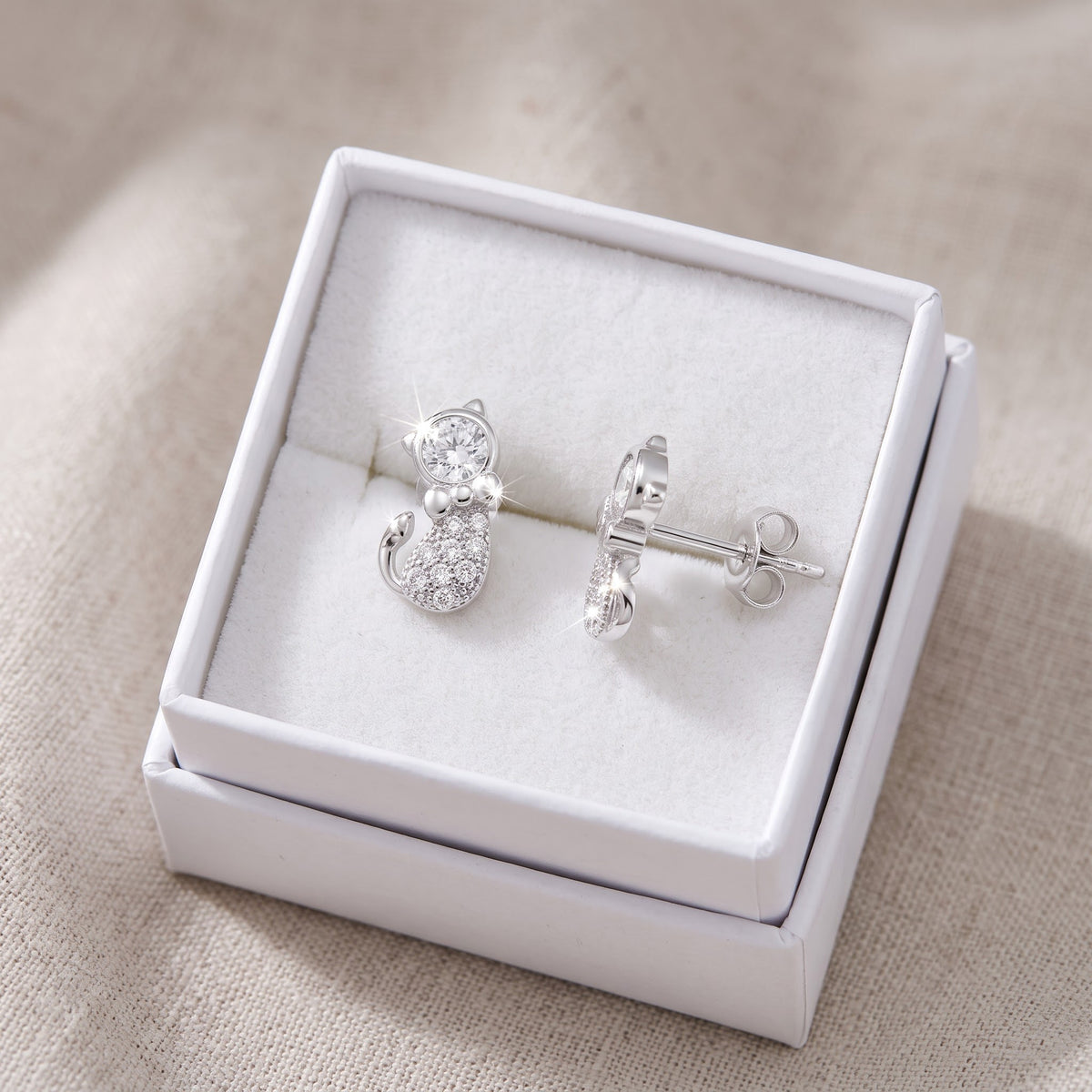 Sterling Silver CZ Kitty Cat Stud Earrings, 11mm in a white gift box, ready to give