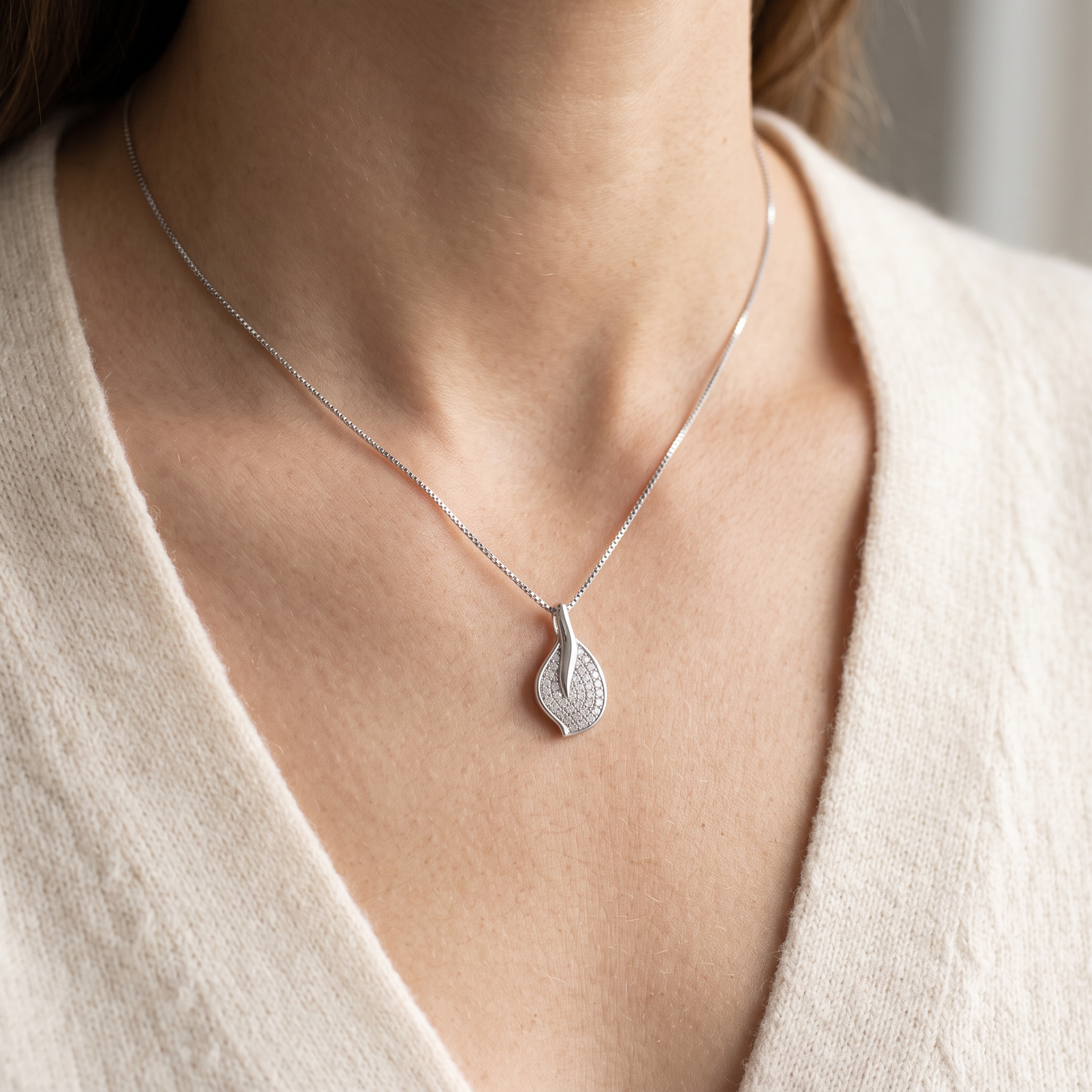 Sterling Silver CZ Leaf Charm Necklace, 18" worn, lifestyle photo