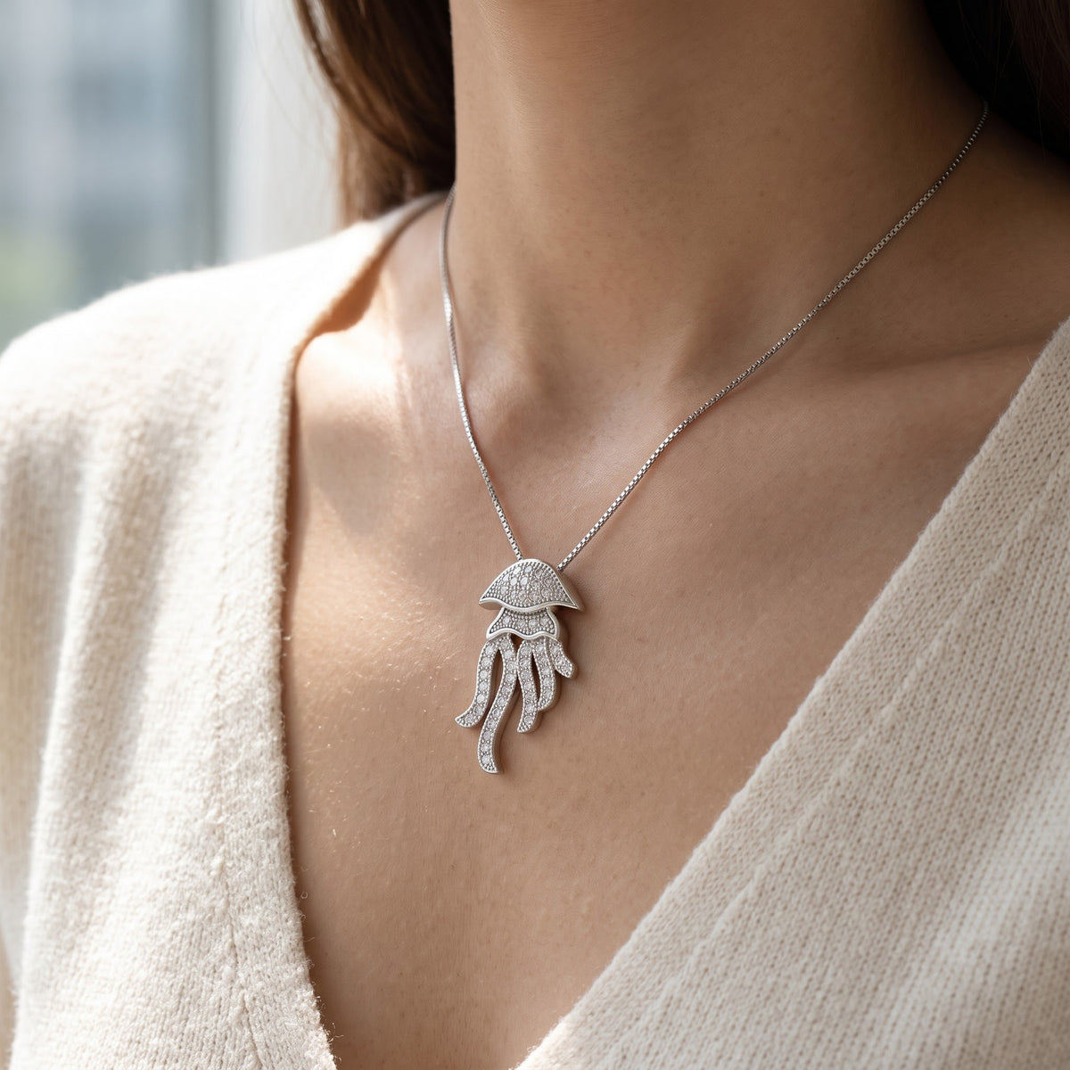 Sterling Silver CZ Octopus Charm Necklace, 18" worn, lifestyle photo