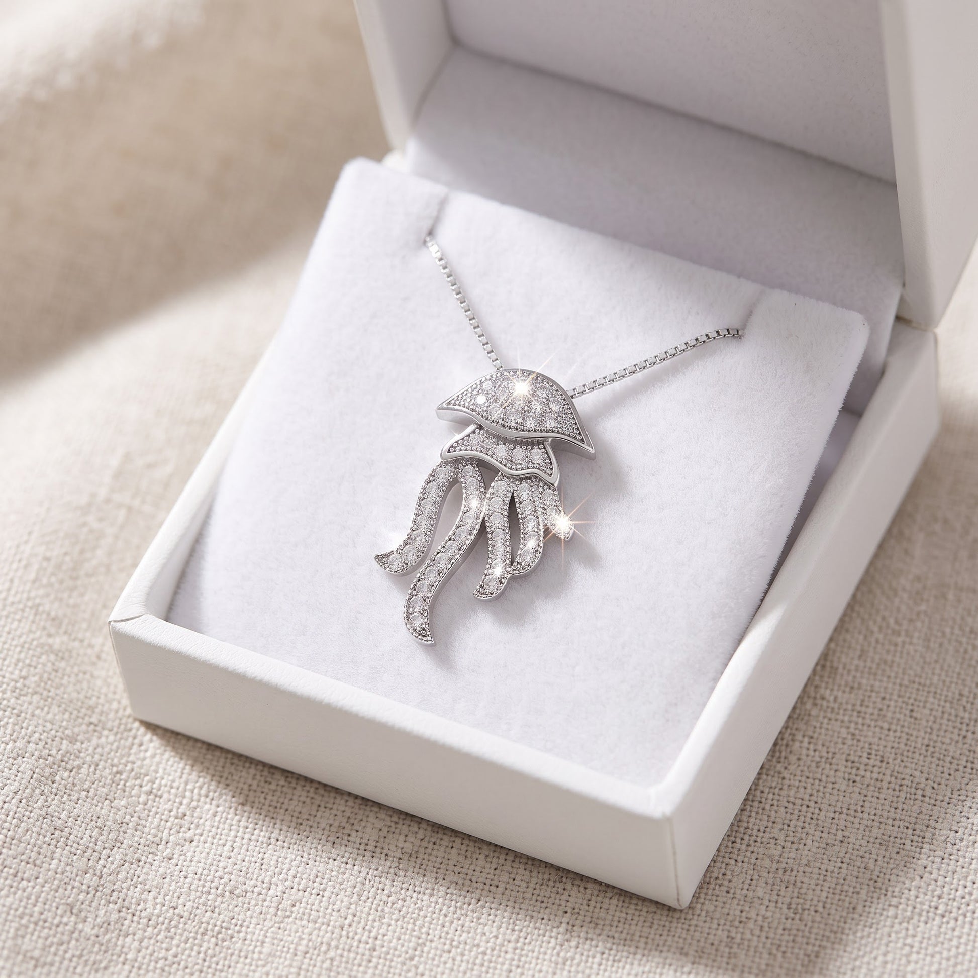 Sterling Silver CZ Octopus Charm Necklace, 18" in a white gift box, ready to give