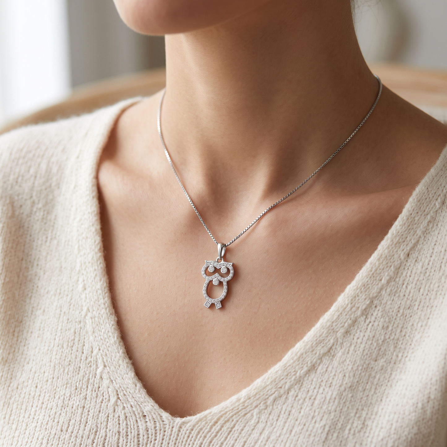 Sterling Silver CZ Owl Necklace worn, lifestyle photo