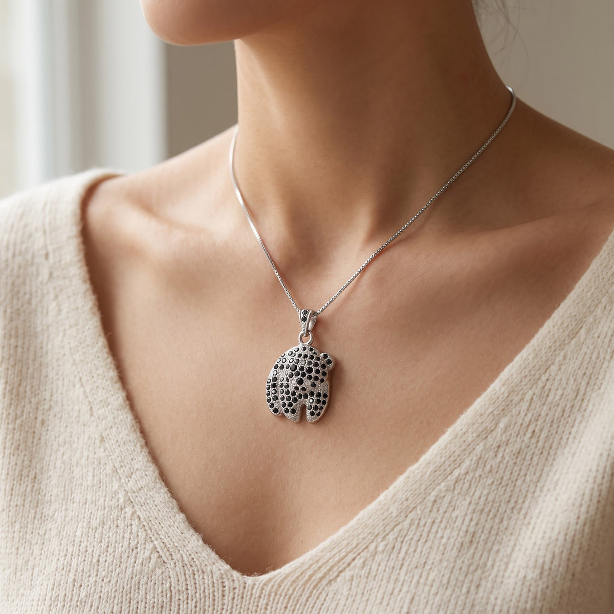 Sterling Silver CZ Panda Bear Necklace worn, lifestyle photo