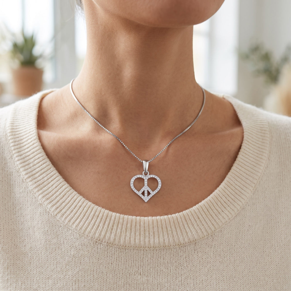 Sterling Silver CZ Peace Sign Heart Necklace, 18" worn, lifestyle photo