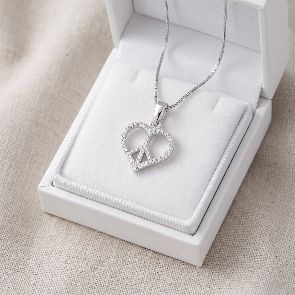 Sterling Silver CZ Peace Sign Heart Necklace, 18" in a white gift box, ready to give