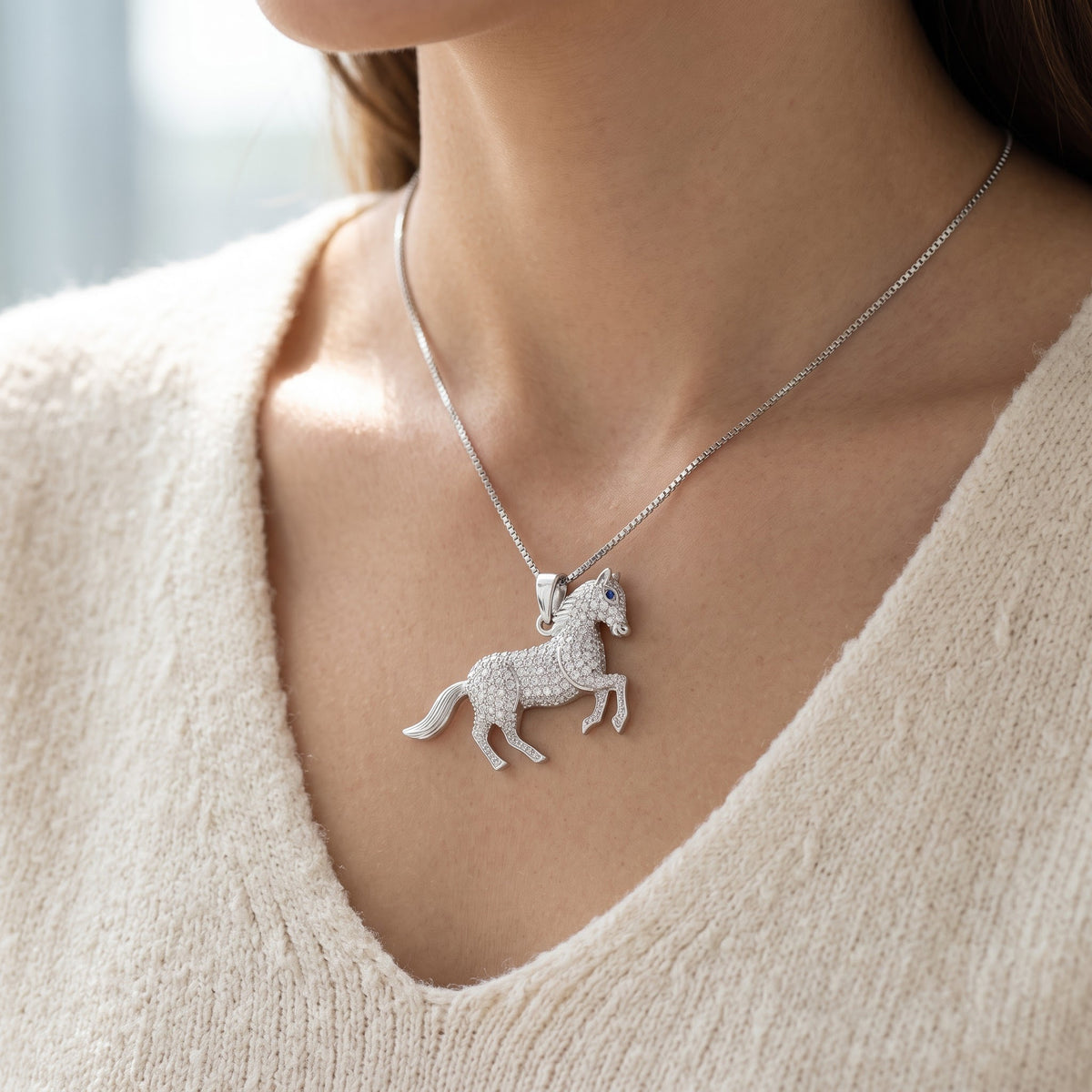 Sterling Silver CZ Running Stallion Horse Necklace, 18" worn, lifestyle photo