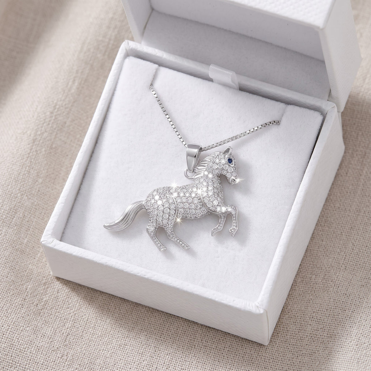 Sterling Silver CZ Running Stallion Horse Necklace, 18" in a white gift box, ready to give