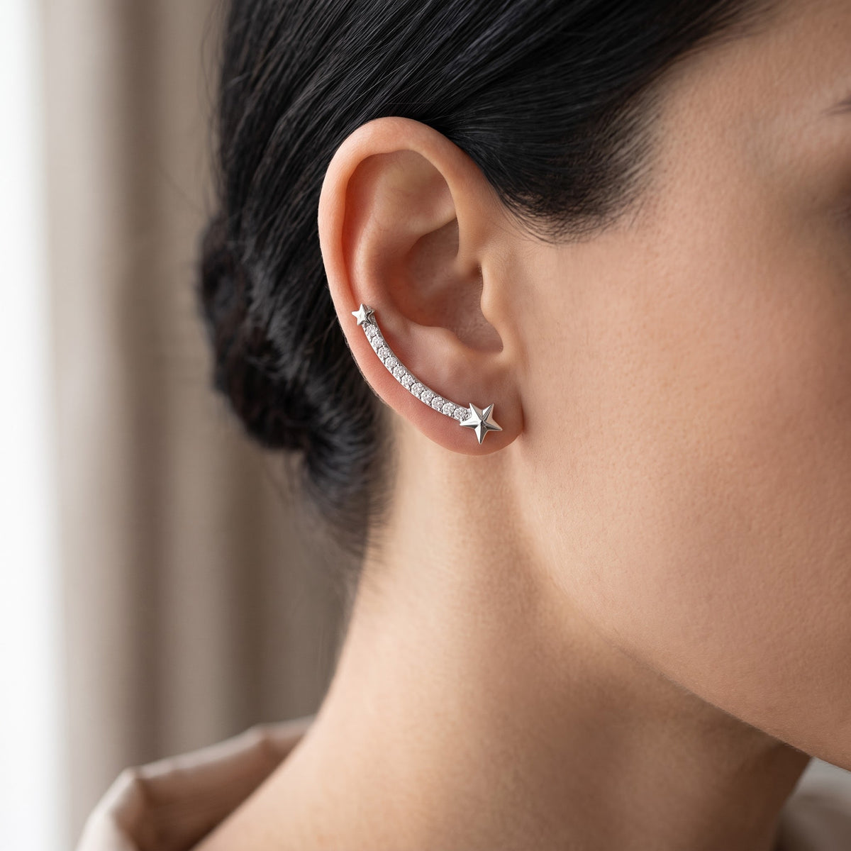 Sterling Silver CZ Shooting Star Ear Crawler Stud Earrings worn, lifestyle photo