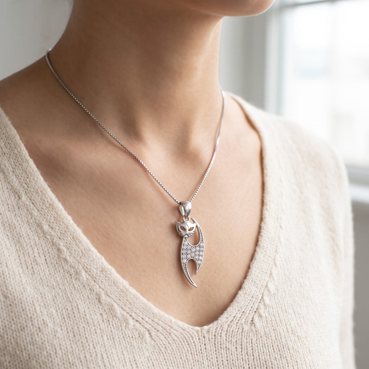 Sterling Silver CZ Siamese Cat Necklace worn, lifestyle photo