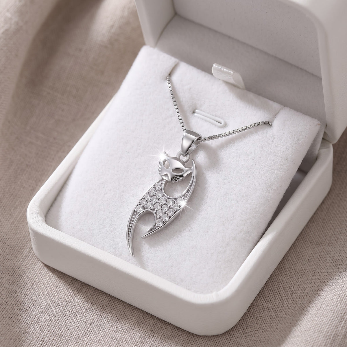 Sterling Silver CZ Siamese Cat Necklace in a white gift box, ready to give