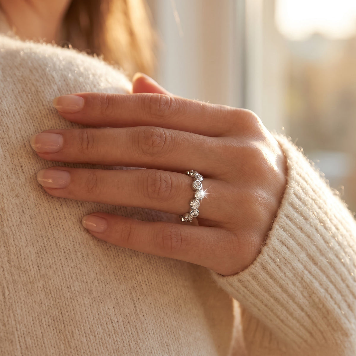Sterling Silver CZ Stackable Bubbles Eternity Ring worn, lifestyle photo