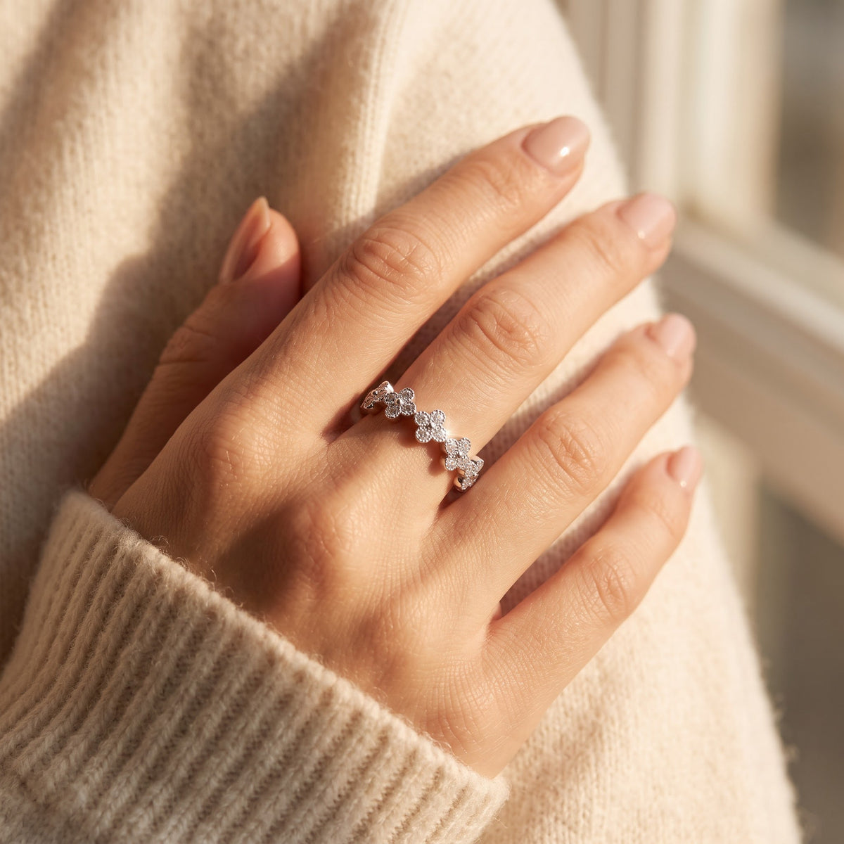 Sterling Silver CZ Stackable Cross Ring worn, lifestyle photo