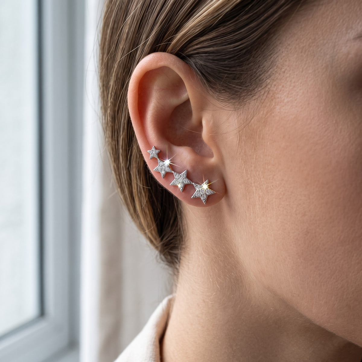 Sterling Silver CZ Star Ear Crawler Stud Earrings worn, lifestyle photo
