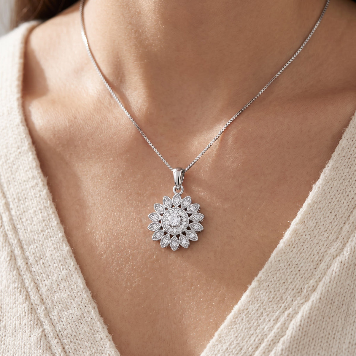 Sterling Silver CZ Sunflower Charm Necklace, 18" worn, lifestyle photo