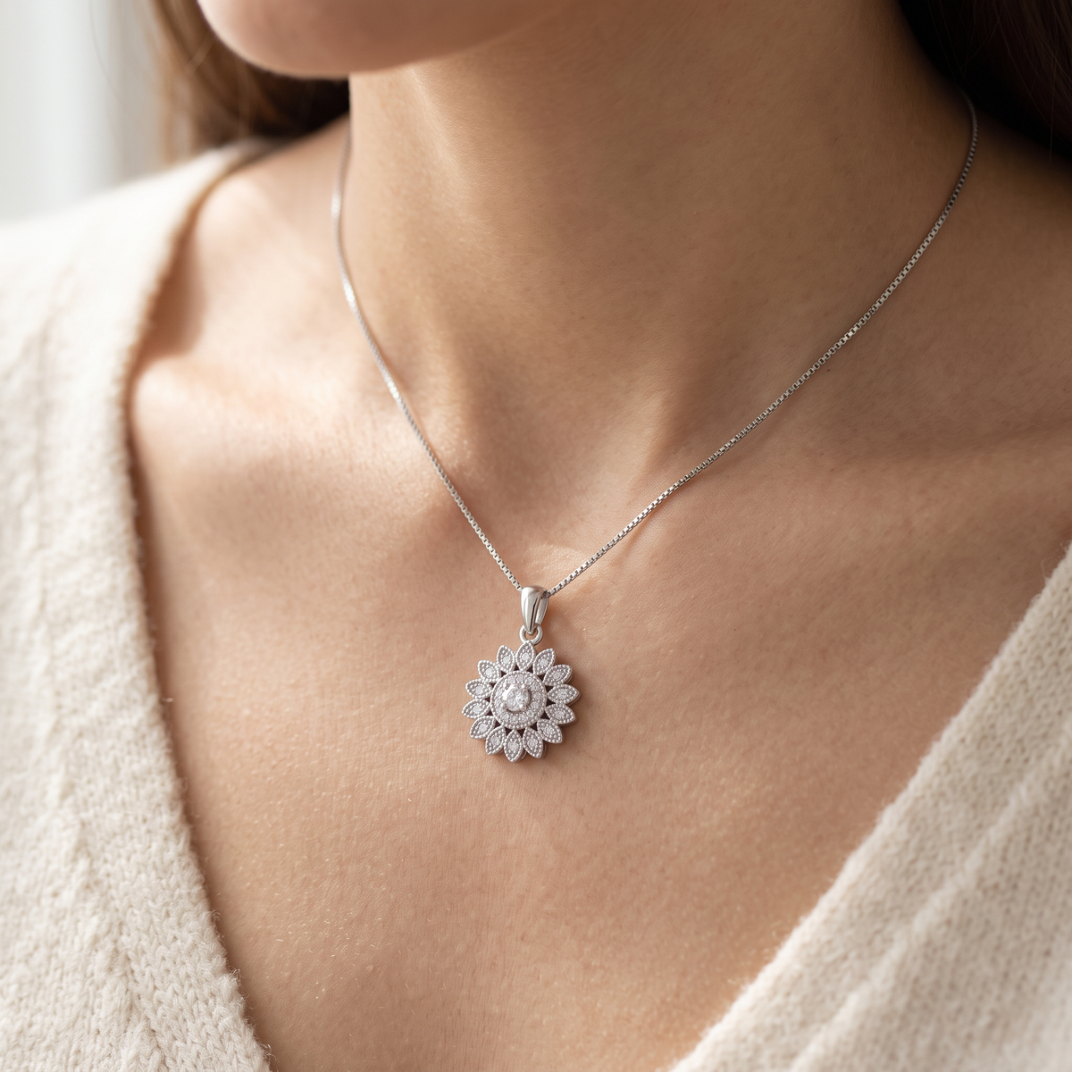Sterling Silver CZ Sunflower Charm Necklace, 18" worn, lifestyle photo