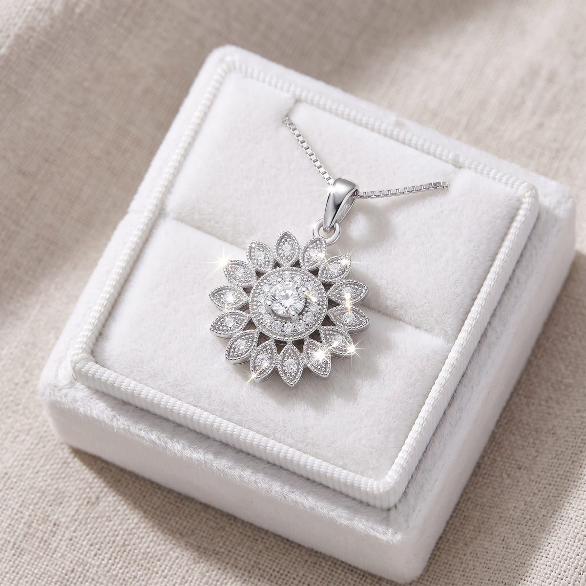 Sterling Silver CZ Sunflower Charm Necklace, 18" in a white gift box, ready to give