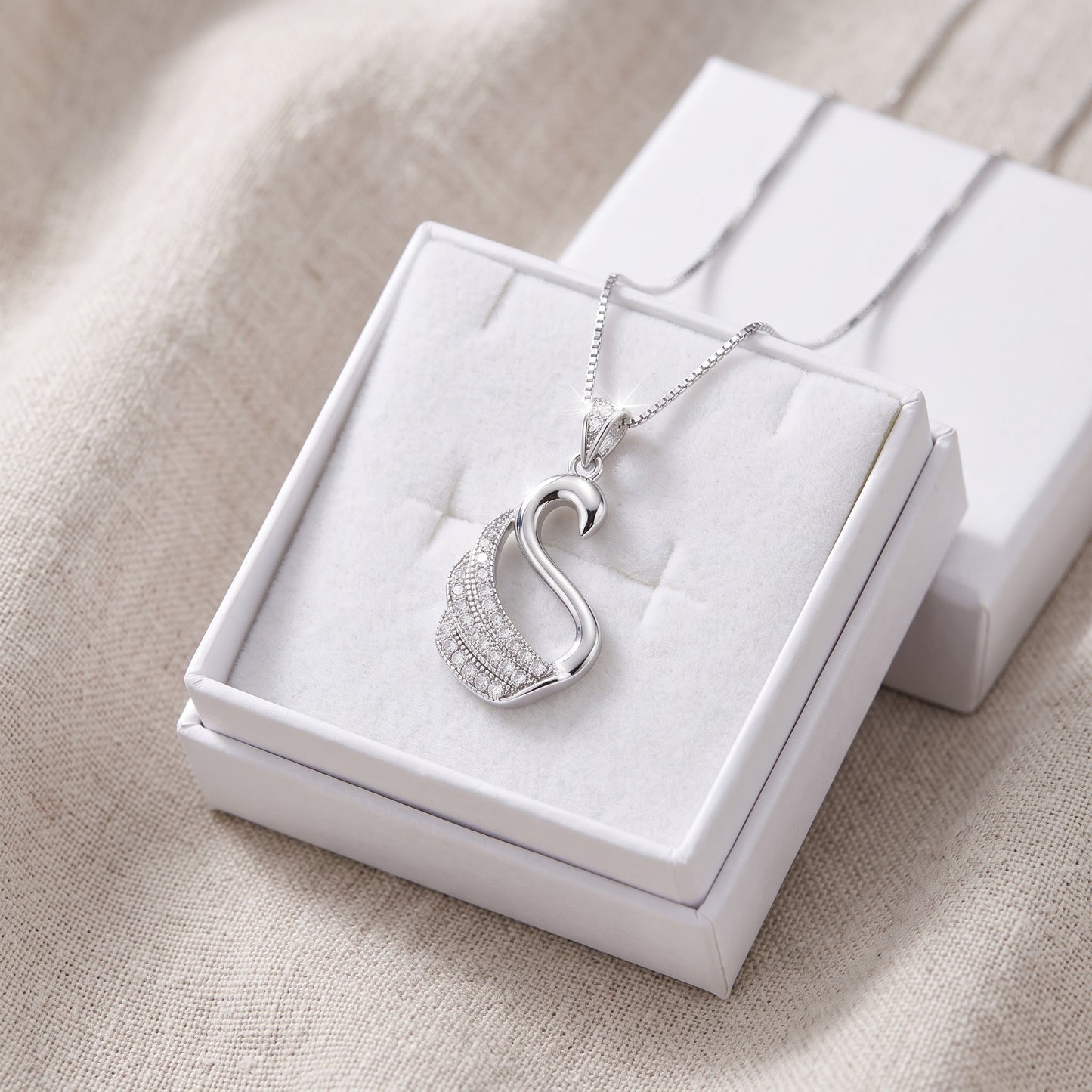 Sterling Silver Open Swan Necklace with Pave CZ Wing, 18" in a white gift box, ready to give