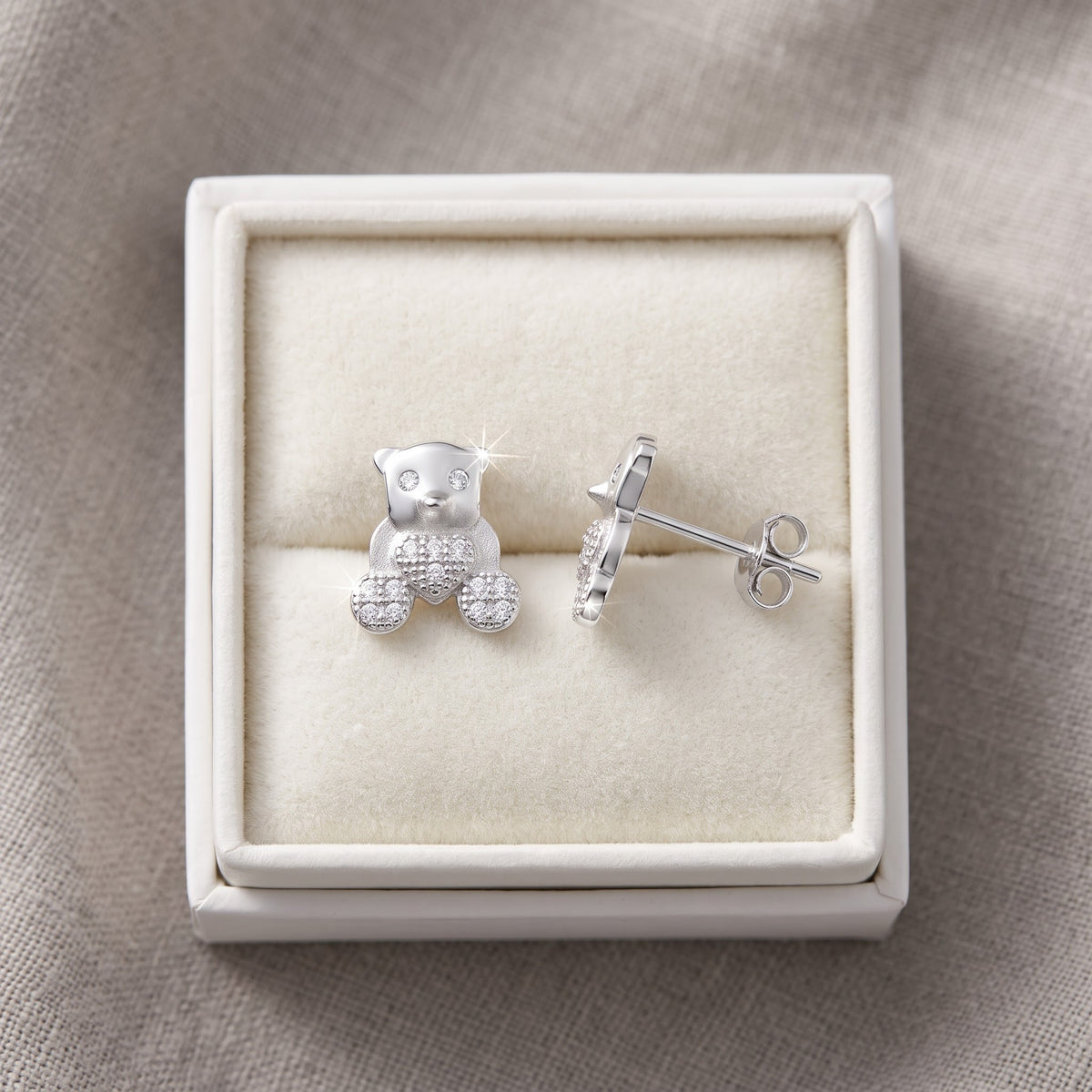 Sterling Silver CZ Teddy Bear Stud Earrings, 7mm in a white gift box, ready to give