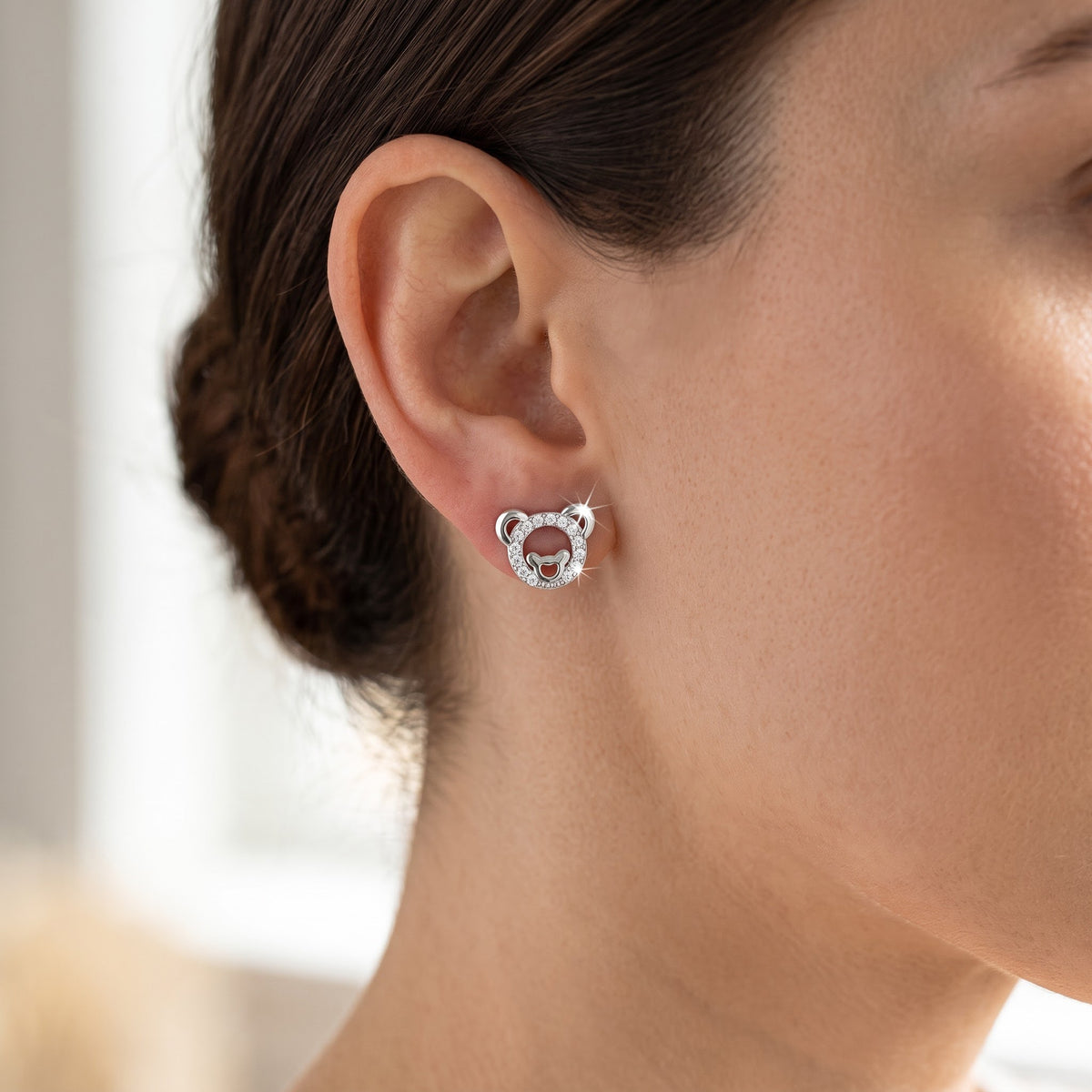 Sterling Silver CZ Teddy Bear Stud Earrings worn, lifestyle photo