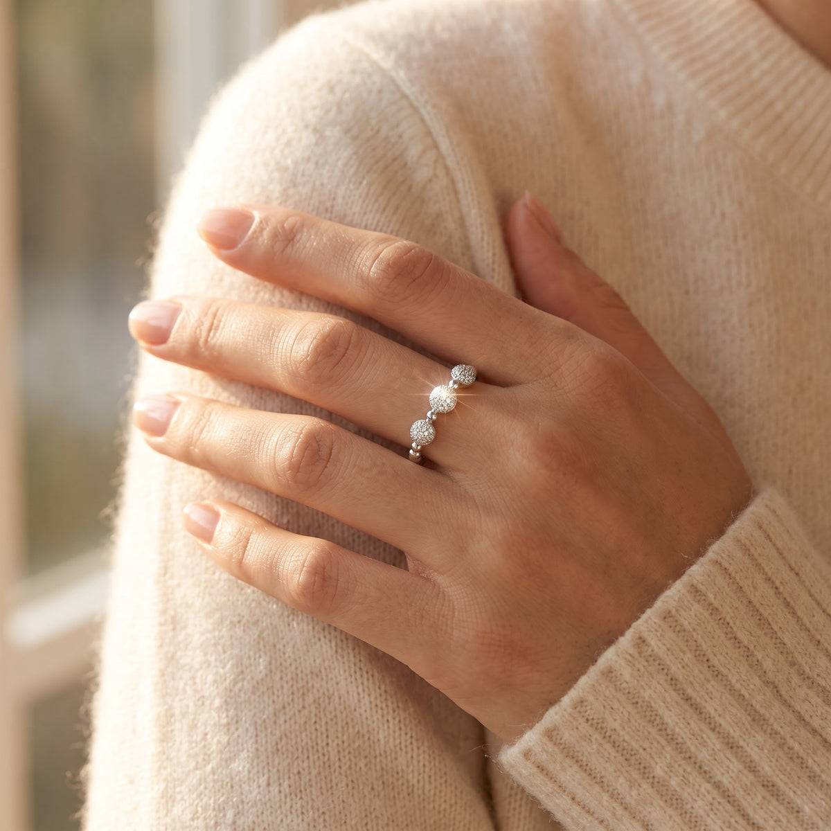 Sterling Silver CZ Thin Domed Stackable Ring worn, lifestyle photo